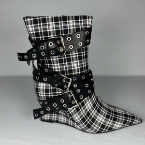 Azalea Wang “Chalkis”Plaid Ankle Boots with Buckle Accents